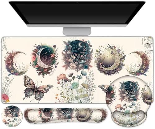Large Desk Mat, Cute Boho Plants Mouse Pad, Apricot Desk Pad, XXL Mousepad