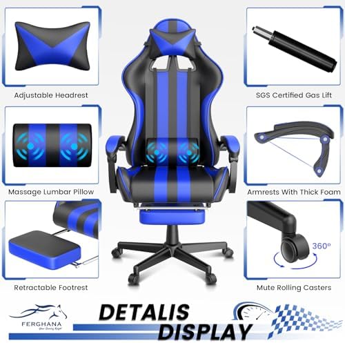 Ferghana Blue Gaming Chairs with Footrest, PC Gaming Chairs for Adults Teens, Racing Style, Luxurious Comfort, Waterproof PU Leather