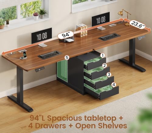 SEDETA Standing Two Person Desk with 4 Drawers, 2 Power Outlets, CPU Stand