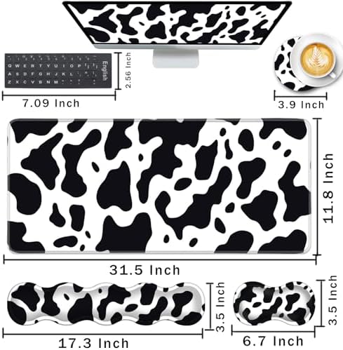 Keyboard Wrist Rest and Mouse Pad with Wrist Support Set Ergonomic Coaster,Memory Foam,Easy Typing Pain Relief,Large XL Desk Mat 31.5"x 11.8",Cute Cow Print