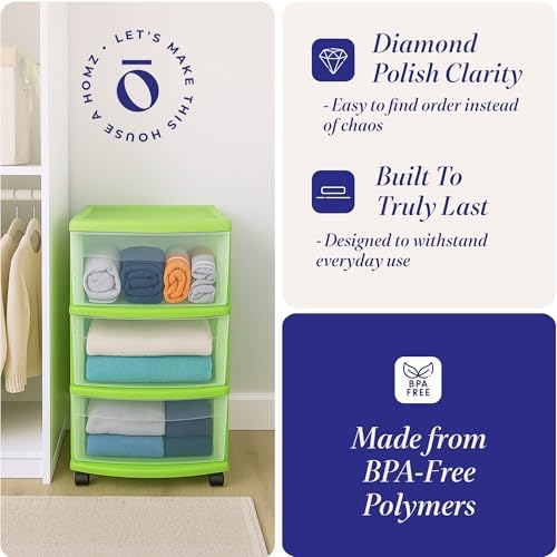 HOMZ Drawer Tower, 3-Tier Storage Cart with Removable Wheels, Lime, 2 Pack