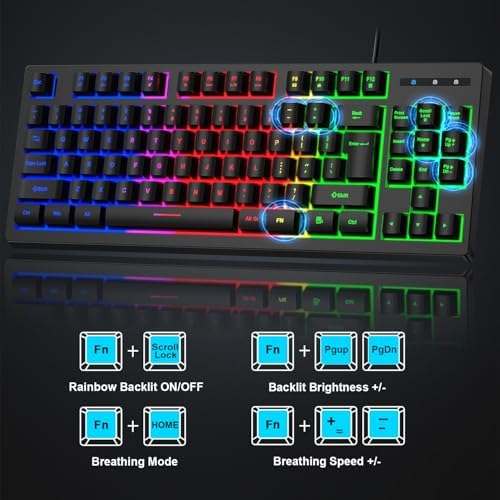 RGB 87 Keys Gaming Keyboard and Backlit Mouse Combo,BlueFinger USB Wired Rainbow Keyboard,Gaming Keyboard Set for Laptop PC Computer Game and Work