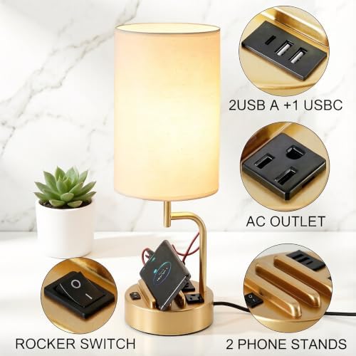 Dreamholder 2 Pack Table Lamp, Bedside Lamp with 3 USB Charging Ports & AC Outlet, USB Desk Lamp with 2 Phone Holders, Linen Fabric Shade Nightstand Lamps for Bedroom Living Room Office, Gold