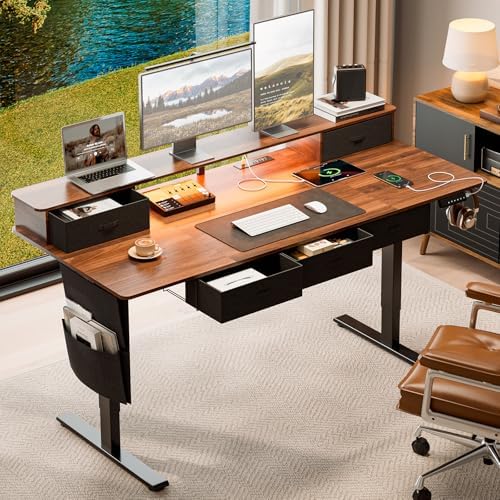71x32" Electric Standing Desk with 5 Drawers,Power Outlets,LED Light,Walnut