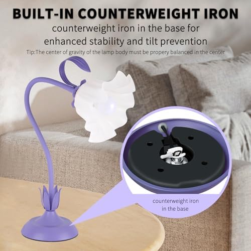 Cute Flower Desk Lamp, 3 Color Temperature Table Lamp with LED Bulb, Vintage Bedside Lamps, Reading Lamps with Soft Light for Bedroom, Living Room（Purple）