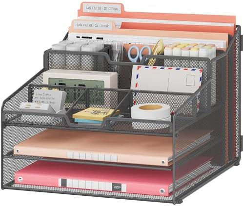 Lavatino Desk Paper File Organizer - Metal Mesh with 2 Letter Trays, 7 Flexible Dividers, 2 Vertical File Folder Holders for Office/Home/Classroom Supplies, Desk Organizers and Accessories, Grey