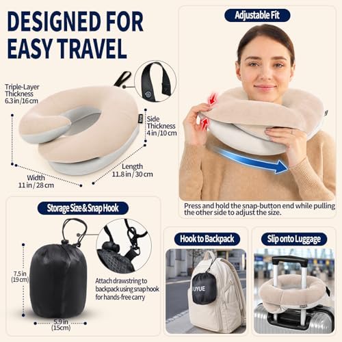 BUYUE Travel Neck Pillows for Airplanes, Memory Foam 360° Head Support Sleep for Long Flight, Skin-Friendly & Breathable, Kit with Eye Mask, Earplugs and Storage Bag (Adult, Beige, 90+ lbs)