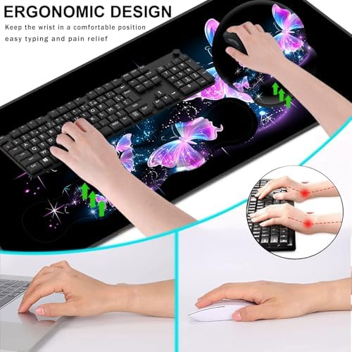 Mouse Pad,Large Pink Desk Mat, 4in1 XXL Mousepad + Keyboard Wrist Rest+Mouse Wrist Rest+Coaster Set with Ergonomic Desk Pad for Home Office Table Computer-Glowing Night Pink Butterflies