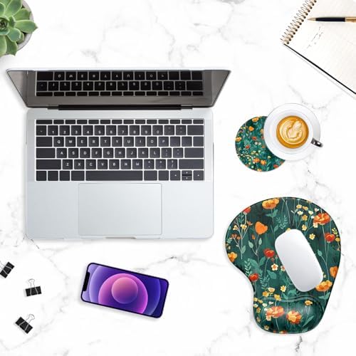 ITNRSIIET Ergonomic Mouse Pad Coaster Set with Gel Wrist Support Wrist Rest Smooth Surface Non-Slip PU Base Comfortable Office Supplies Pain Relief, 9.5 x 8.3 inches, Beautiful Flowers