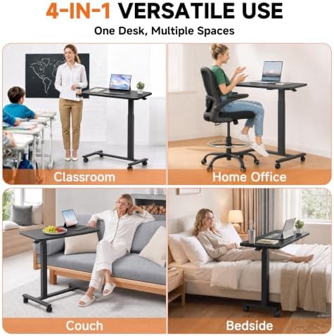 GTPLAYER Small Standing Desk with Lockable Wheels, Pneumatic Mobile Rolling Laptop Desk,Adjustable Height Overbed Bedside Table Computer Workstation for Home Office (32" W x 18" D, Black)
