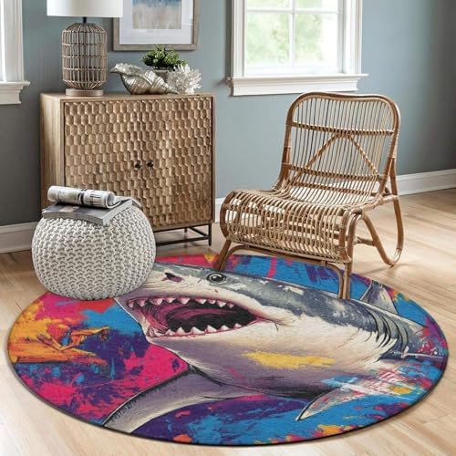 Machine Washable Modern Round Area Rug, Room Sofa Yoga Soft Round Carpet, Home Decor Non Slip Kitchen Office Circle Rug Cute Shark Graffiti Art, 24inch