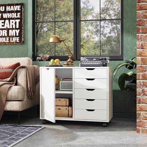 DEVAISE 5-Drawer Wood Drawer Cabinet, Office Storage Cabinet, White