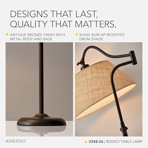 Adesso Antique Bronze Table Lamp with Burlap Shade - 180 Degree Adjustable Arm, Versatile Bedside Table, Living Room, or Desk Lamp, 27” Tall