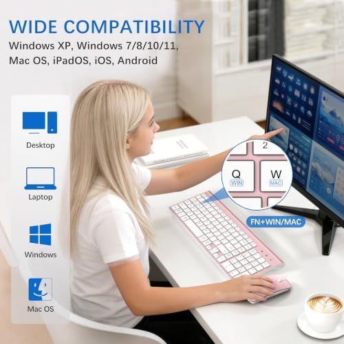 Wireless Keyboard and Mouse Ultra Slim Combo, Dual System - Rose Gold White