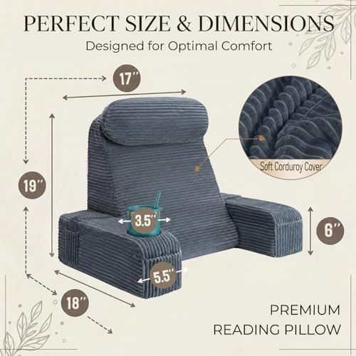 Reading Pillow for Adults, Back Pillow for Bed Sitting Up, Backrest Pillow for Sitting in Bed, Detachable Arms with Built-in Cup & Phone Caddy (Dark Gray-Corduroy, 19 INCH)