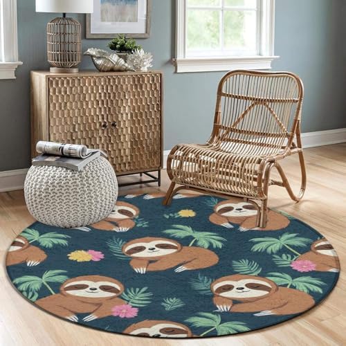 Soft Round Yoga Carpet, Large Home Decor Mat, Non Slip Machine Washable Kitchen Office Circle Rug Cute Sloths