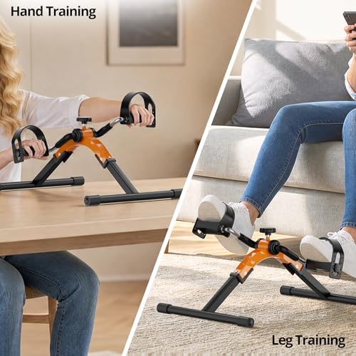 Folding Pedal Exerciser Mini Exercise Bike Under Desk Bike for Arms and Legs Workout, Portable Desk Bike Peddler Machine for Sedentary Officer & Seniors