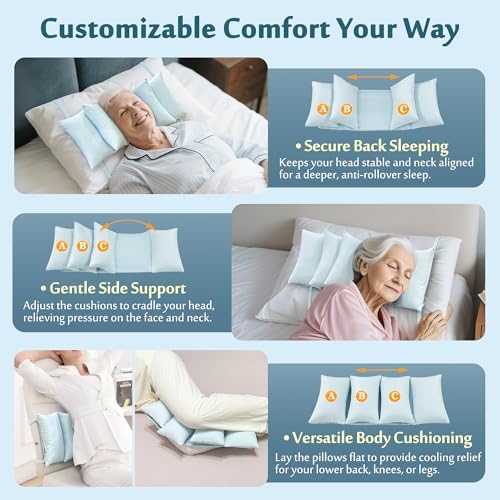 Cooling Head Stabilizer, Head Support Pillow for Elderly – Neck Cradle for Sleeping Upright, Post Cervical Fusion Surgery Recovery, Breathable Wheelchair Headrest with Straps (Light Blue)