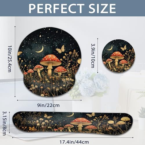 Mushroom Ergonomic Memory Foam Wrist Rest Set for Keyboard and Mouse,Flower Butterfly Moon Supportive Mouse Pad with Non Slip Base for Office Work and Gaming