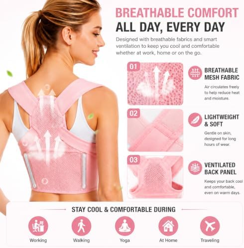 Posture Corrector for Women,Adjustable Back & Shoulder Support, Invisible Under Clothing Upper Back Support with Breathable Mesh, Lightweight Posture Trainer for Office Daily Use(Small)
