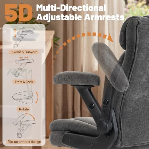 Blue Whale 400lbs Executive Office Chair with 5D Flip Armrests, Grey Fabric