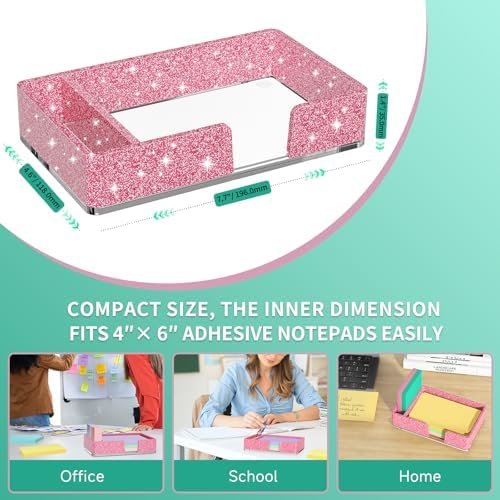 Sticky Note Holder with Pen Slot, Glitter Pink Acrylic Notepad Holder 4x6 in Self-Stick Note Dispenser Office Desk Accessories, Memo Pad Holder Organizer for Classroom School Supplies