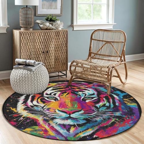 Home Decor Non Slip Kitchen Office Circle Rug, Machine Washable Modern Round Area Rug, Room Sofa Yoga Soft Round Carpet Colorful Splash Ink King of Tiger Art, 36inch