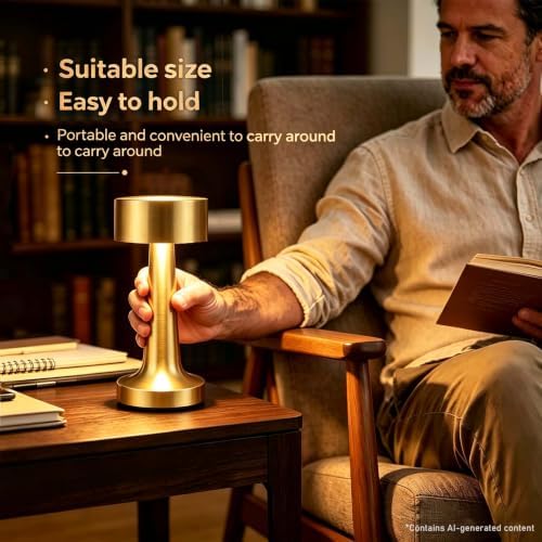 HPUFKOT Portable LED Table Lamp, 3-Levels Brightness Metal Desk Lamp,3 Color Touch Control RechargeableLamp, Ideal Bedside Lamp for Nightstand, Bedroom,Living Room (Light Golden)