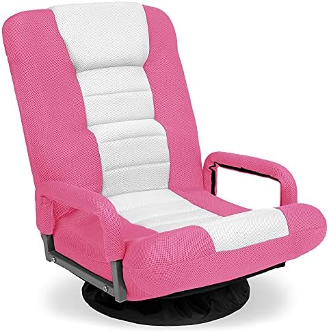 Best Choice Products Swivel Gaming Chair 360 Degree Multipurpose Floor Chair Rocker for TV, Reading, Playing Video Games w/Lumbar Support, Armrest Handles, Adjustable Foldable Backrest - Pink/White