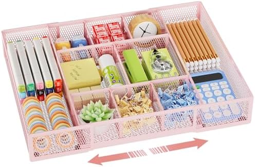 Marbrasse Expandable Desk Drawer Organizer, Mesh Tray with 10 Adjustable Compartments, Desk Organizers for Office Supplies, Makeup & Vanity (Expandable-Pink)