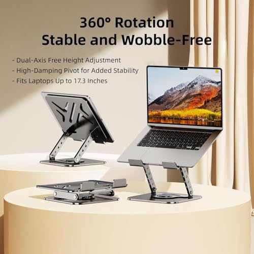 Laptop Stand for Desk, 360° Rotating Adjustable Metal Foldable Laptop Riser with Minimalist Vent Pattern, Ergonomic Computer Notebook Holder for MacBook, Dell, HP 10-17.3", Gray