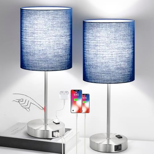 Set of 2 Touch Control Table Lamps with 2 USB & AC Outlet, 3-Way Dimmable Bedside Nightstand Lamps for Bedroom Living Room Nursery, 800 Lumens 5000K Daylight Bulbs Included