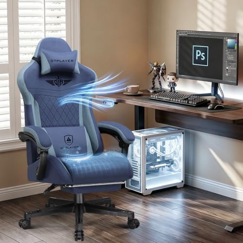 GTPLAYER Gaming Chair with Footrest, Ergonomic Office Chair 400lbs Heavy Duty, Big and Tall Computer Desk Chair with Lumbar Support and Headrest, Breathable Tech Fabric, 90-155° Recline Blue