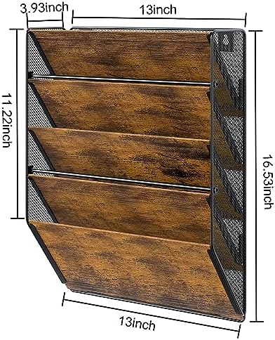 PAG-Mass Wall File Organizer for Office, 5-Tier Rustic Hanging File holder Wall Storage Rack for Documents/Magazine/Literature/File Folders/Mails/Envelopes, Brown