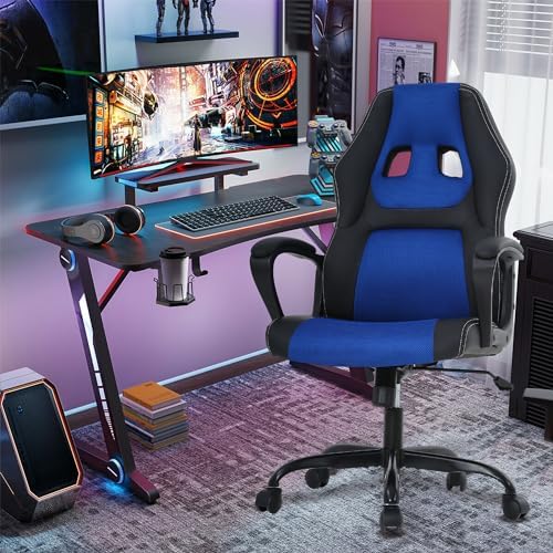 Blue Massage Gaming Chair for Kids, Ergonomic Office Chair Computer Chair with Adjustable High Back & Armrest, PU Leather Gamer Chair with 360°Swivel, Heavy Duty Gaming Chairs for Adults, Teens