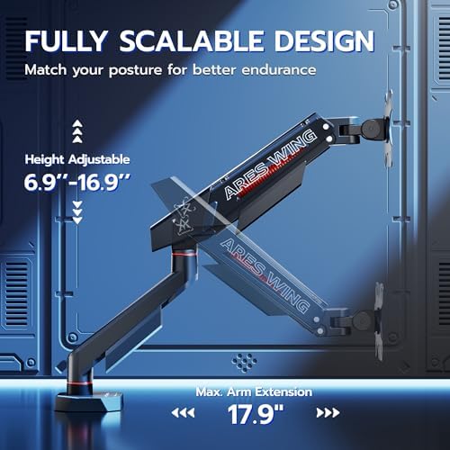 ARES WING Single Monitor Arm for 17-40 Inch Flat Curved Screens, Black
