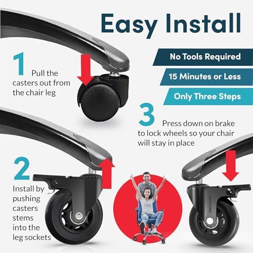 Lifelong Brake Office Chair Wheels Replacement, Heavy Duty, Black, 5-Pack