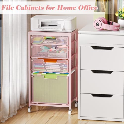 Sbanmao 4 Drawer Rolling File Cart Under Desk Storage, File Cabinets for Home Office, Mobile Filing Cabinet, Hanging File Organizer with Wheels, Utility Cart Printer Stand, Pink