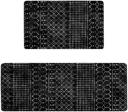 Boho Kitchen Mats for Floor 2PCs, 17.3"x47"+17.3"x29", Black