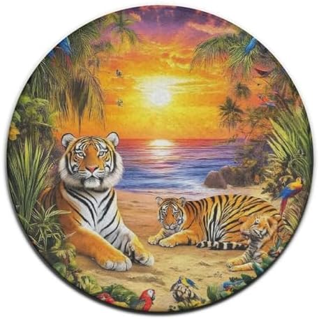 Machine Washable Modern Round Area Rug, Room Sofa Yoga Soft Round Carpet, Home Decor Non Slip Kitchen Office Circle Rug Tropical Tiger Animal World King Art, 36inch
