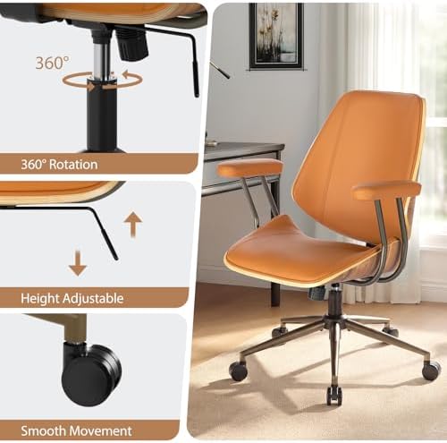 Modern Mid Back Office Chair, Adjustable Swivel Desk Chair with Arms, Brown