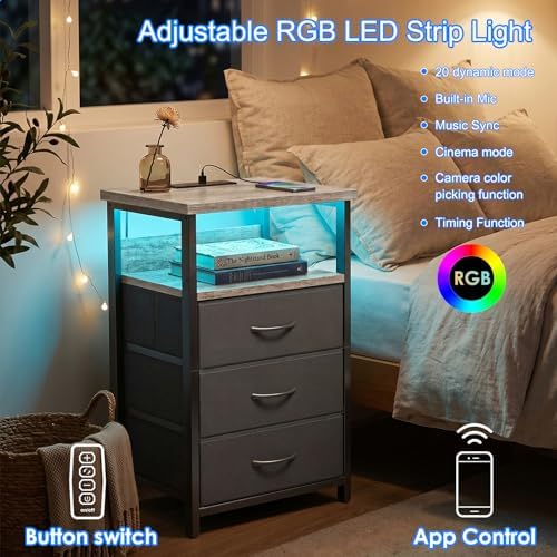 Fixwal Night Stand with 3 Fabric Drawers, Nightstand with Charging Station