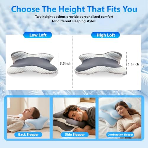 Cervical Pillow for Neck Support, Dual Height Memory Foam for Side Sleepers