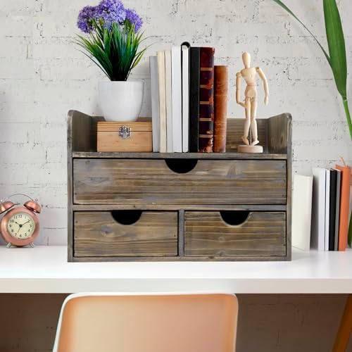 Besti Wooden Office Desk Organizer - Organizing Tool for Desktop, Cubicle, Bedroom, Kitchen - Vintage Style Organization Caddy with Top Tray Shelf & 3 Drawers - 13.6x9x7 Inches (Rustic)