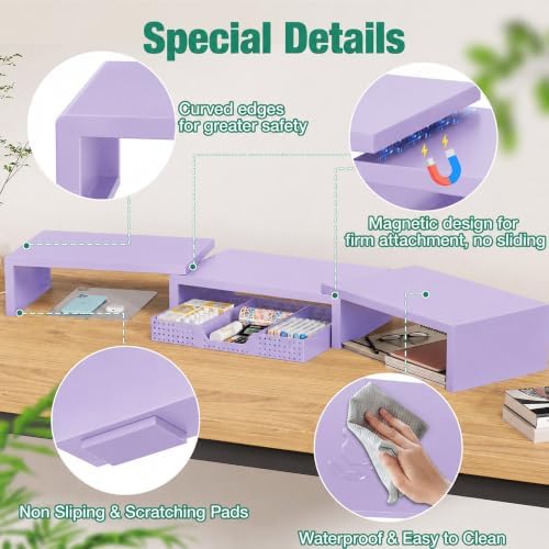 OPNICE Dual Computer Monitor Stand Riser, Desk Organizer with Drawer, Office Desk Accessories & Workspace Organizers for Home Office Supplies, Purple