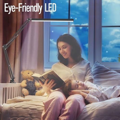 LED Desk Lamp, Manicure Table Lamp, Eye-Caring Drafting Light, Dimmable Office Table Lamp with 3 Color Modes, 10 Brightness Levels & Adapter, Memory Function(Black)