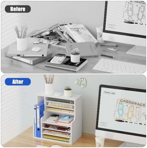 Wood Desktop File Holder Organizer Mail Sorter for File Folders, Mails, Envelopes or Magazines, 8 Compartments (White)