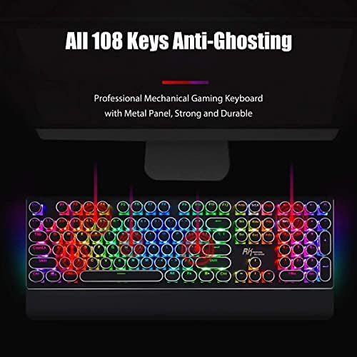 RK ROYAL KLUDGE S108 Typewriter Style Mechanical Gaming Keyboard with RGB Backlit, Wired PC Game Keyboard Full Size with Detachable Wrist Rest and Number Pad, Retro Round Keycaps, Red Switches Black