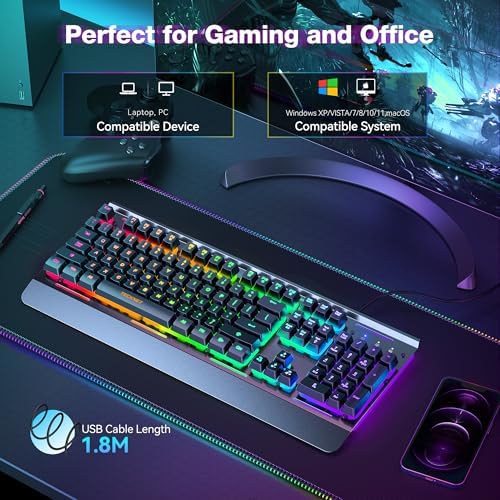 TECKNET Wired Gaming Keyboard, RGB Backlit Keyboard with Metal Panel Design