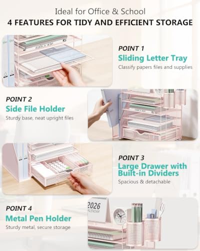 WALI Desk File Organizer, 6 Tier Desktop Paper Letter Tray Organizer with Drawer and 2 Pen Holders, Office Desk Accessories & Workspace Organizers for Office, Home Supplies(DO007DH-P), 1 Pack, Pink